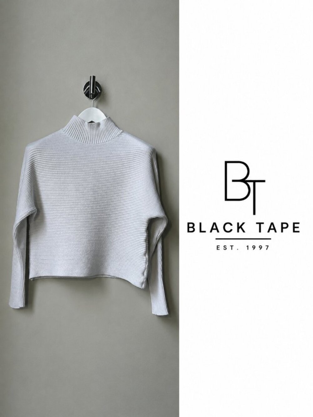 Black Tape White Ribbed Mock Neck Sweater-Size Small